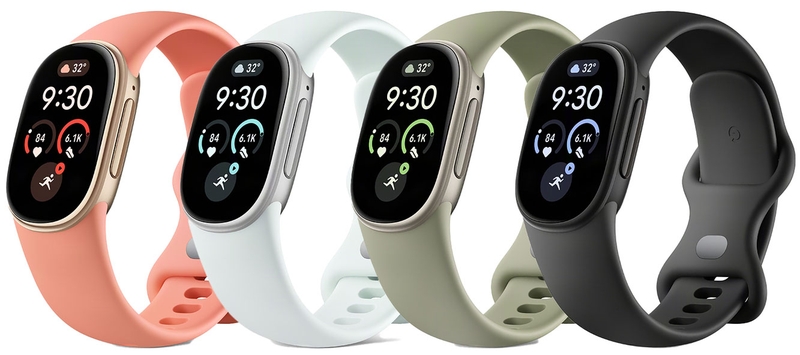 Bốn phiên bản màu sắc của Fitbit Edge với thiết kế dây đeo đồng bộ.