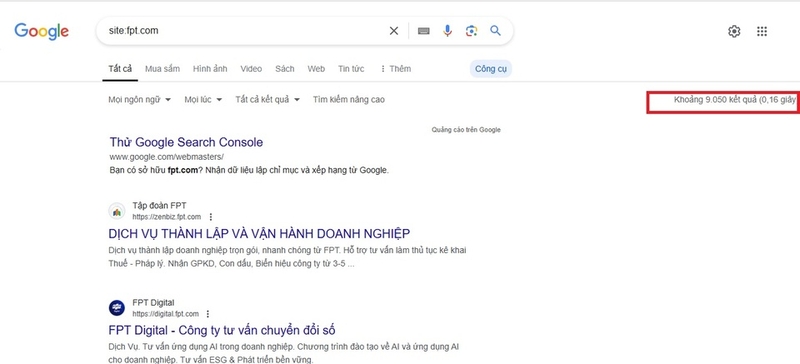 Số trang đã được Google lập chỉ mục hiển thị góc phải