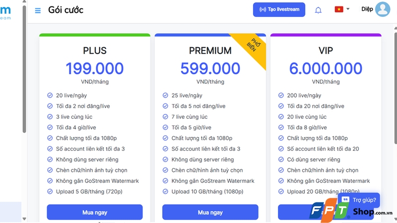 Các gói trả phí đang được cung cấp bởi GoStream