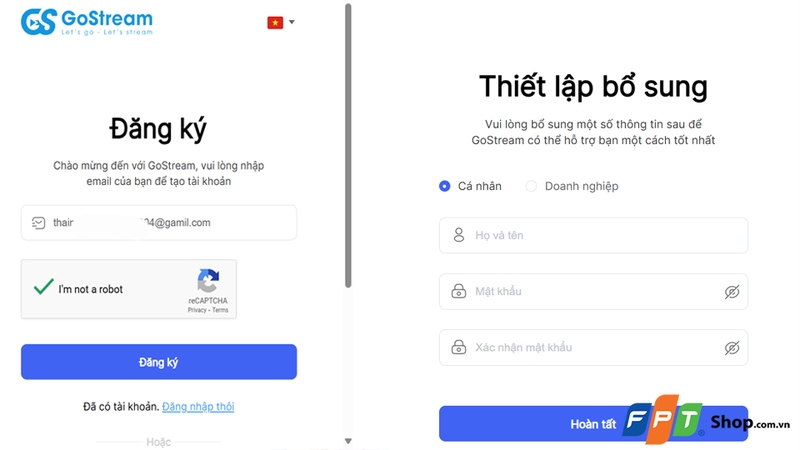 Đăng ký tài khoản GoStream bằng email