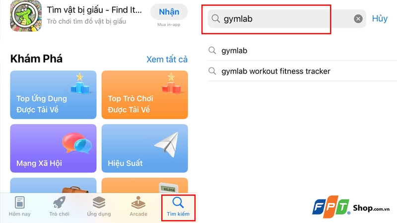 Nhập từ khóa "Gymlab" để tìm kiếm ứng dụng