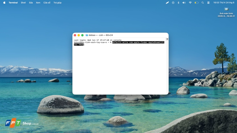 Nhập defaults write com.apple.finder AppleShowAllFiles TRUE