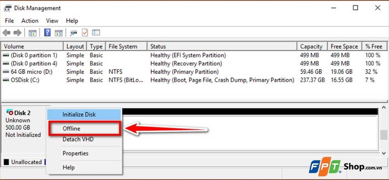 Bạn kiểm tra xem ổ cứng có đang ở trạng thái Offline hay không