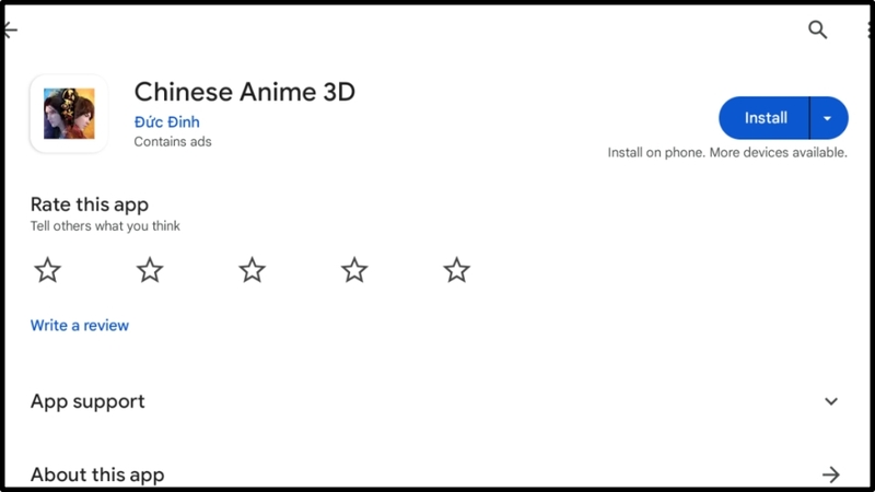 Tìm từ khóa “Chinese Anime 3D” rồi click vào ứng dụng chọn Install