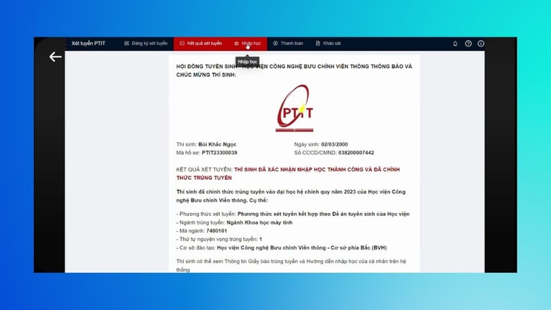Chờ nhận thông tin kết quả xét tuyển thông qua email
