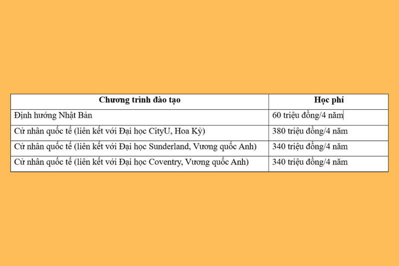Mức học phí dành cho chương trình liên kết quốc tế