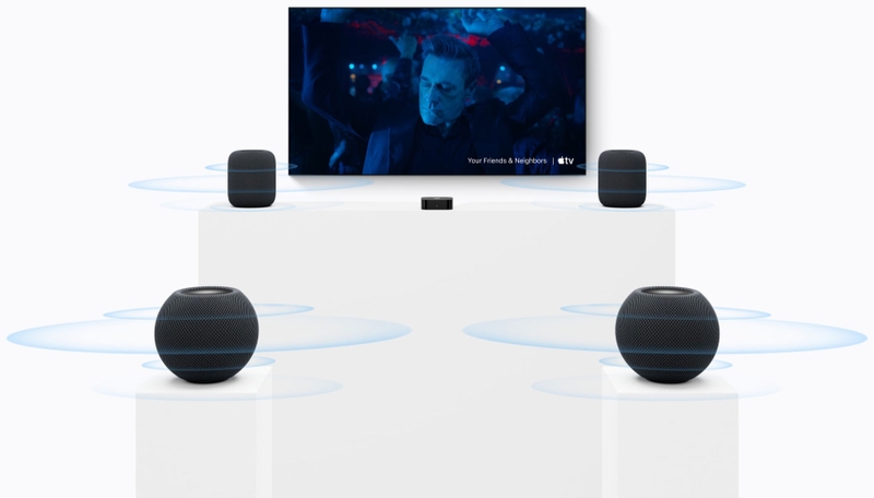 HomePod mini 2 kết hợp Apple TV 4K tạo hệ thống âm thanh vòm bốn loa, tự động hiệu chỉnh âm thanh theo không gian.