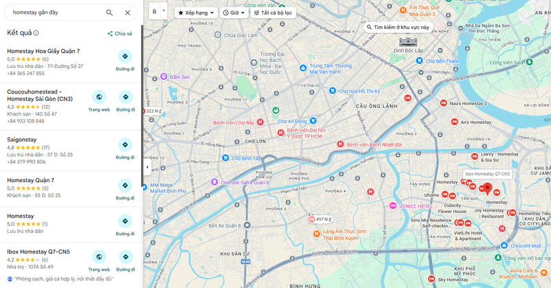 Tìm homestay bằng Google Maps