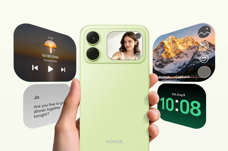Màn hình phụ HONOR Play20C hỗ trợ xem thông báo, điều khiển nhạc và theo dõi khung hình khi chụp ảnh.