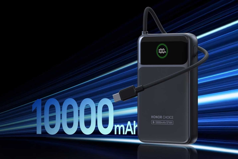 HONOR CHOICE ES 22.5 W sở hữu dung lượng 10.000 mAh, tích hợp cáp USB-C để sạc thiết bị khi di chuyển.