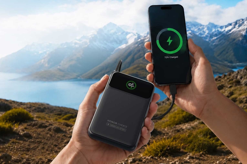 HONOR CHOICE ES 22.5 W tích hợp sẵn cáp USB-C tiện lợi cùng màn hình hiển thị dung lượng pin và trạng thái sạc.