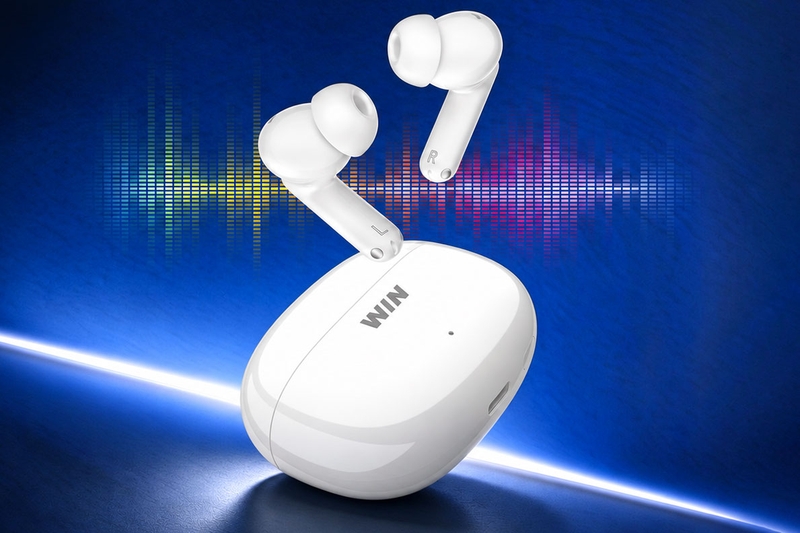 HONOR WIN Earphones phiên bản Champion White với thiết kế phối màu trắng xám và hộp sạc đồng bộ.