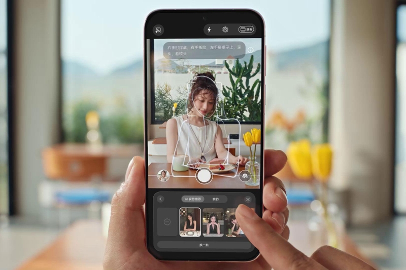 Tính năng AI Pose Recommendation trên HUAWEI Pura 90 Plus gợi ý tư thế tạo dáng ngay trong giao diện chụp ảnh.