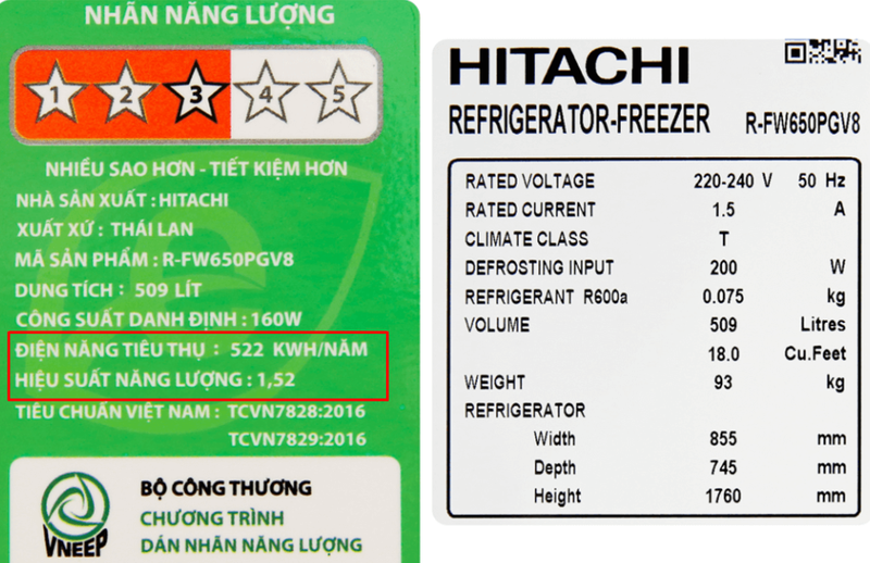 Xem thông số về mức tiêu thụ điện năng trên nhãn