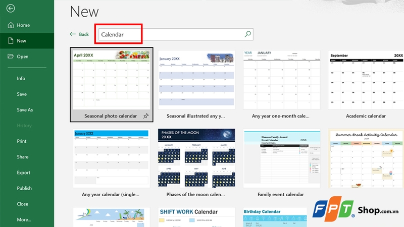 Excel cung cấp nhiều mẫu lịch đa dạng khi tìm từ khoá “Calendar”
