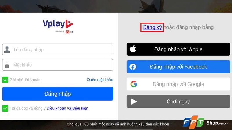 Đăng nhập hoặc đăng ký tài khoản game mới