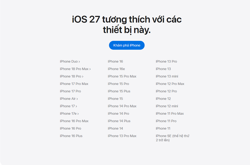 iOS 27 hỗ trợ những thiết bị nào theo công bố của Apple?