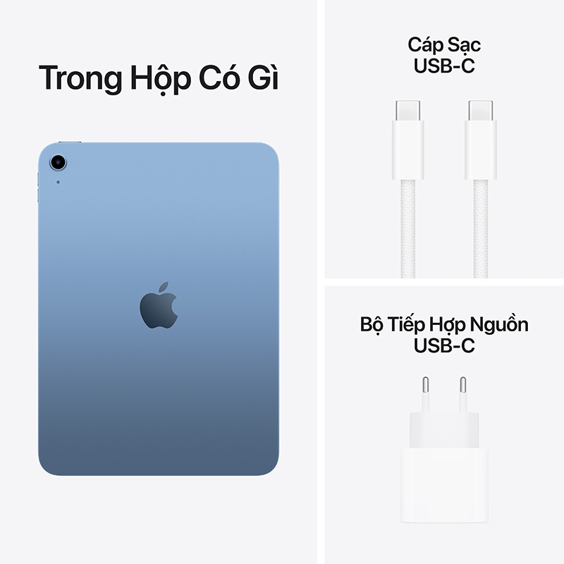 Hộp iPad A16 gồm máy, cáp USB-C và bộ tiếp hợp nguồn USB-C 20W