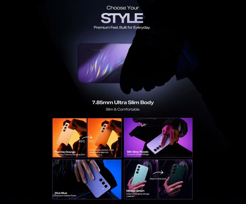 Infinix HOT 70 Pro 5G có bốn tùy chọn màu với hiệu ứng hoàn thiện khác nhau.