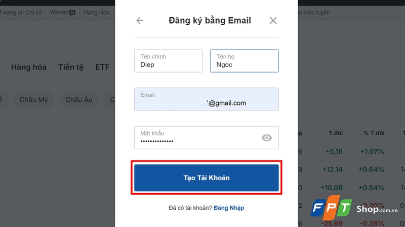 Nhấn nút "Tạo tài khoản" để lưu thông tin