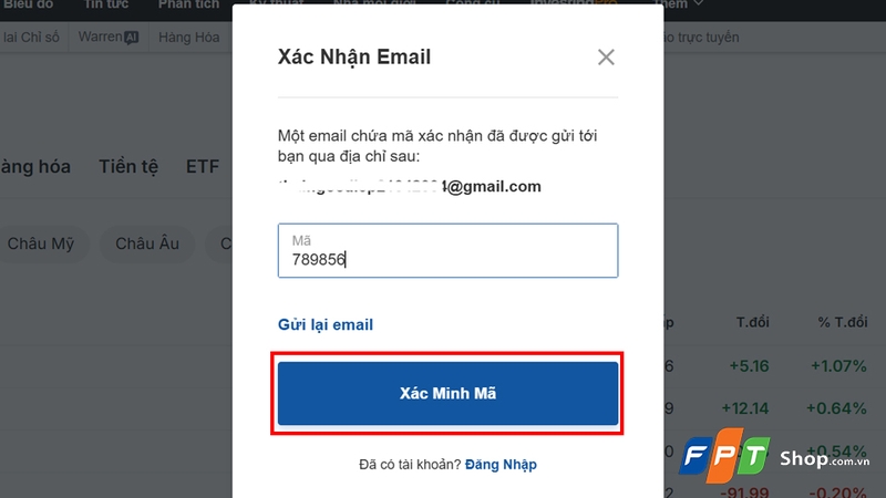 Nhập mã xác nhận được gửi trong email