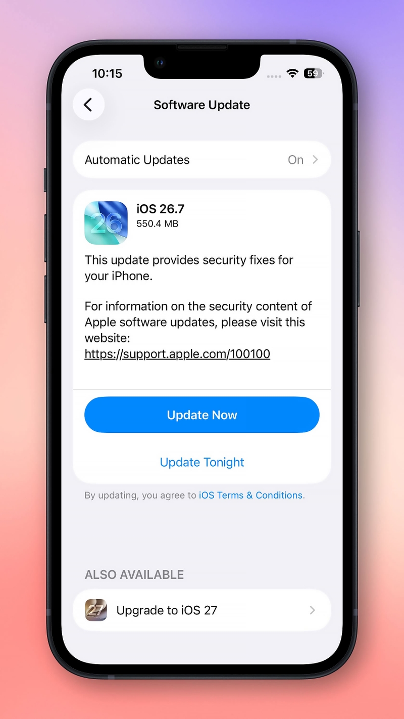 iOS 26.7 xuất hiện trong mục Cập nhật phần mềm, bên cạnh tùy chọn nâng cấp lên iOS 27.
