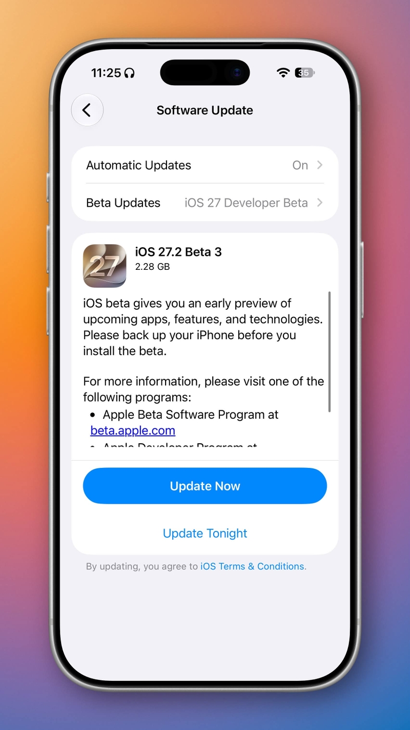 iOS 27.2 Beta 3 được phân phối qua kênh Developer Beta, giúp nhà phát triển cài đặt và kiểm thử sớm trên iPhone.