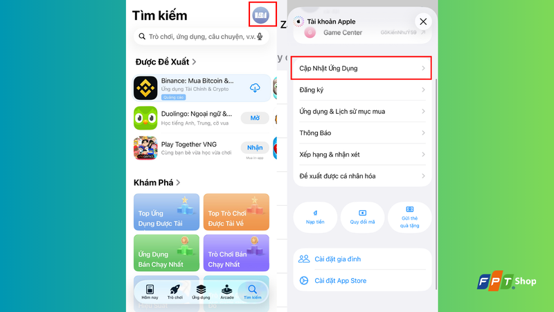 Chọn Cập Nhật Ứng Dụng