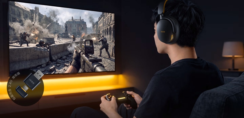 iQOO Gaming Headset hỗ trợ kết nối với PC, PS5 và các thiết bị chơi game cầm tay thông qua bộ thu phát USB-C/USB-A.