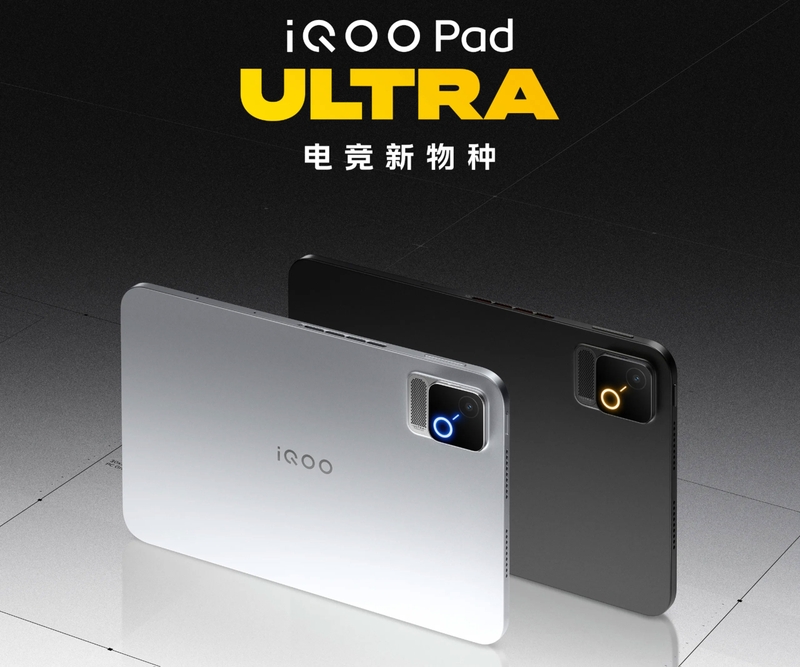 iQOO Pad Ultra có hai màu trắng, đen cùng cụm camera vuông và đèn RGB.