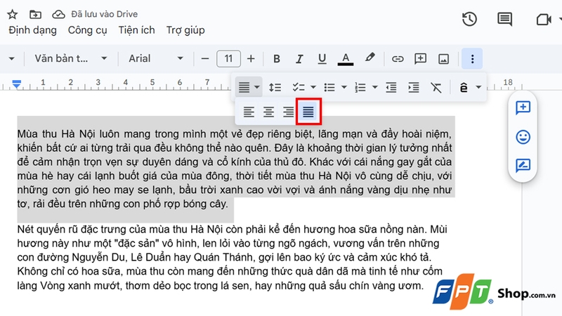 Đoạn văn được căn đều hai bên khi chọn justify