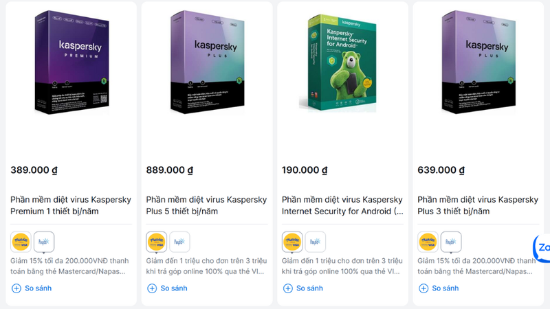 Các gói Kaspersky Antivirus được bày bán tại FPT Shop
