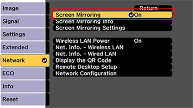 Bật chế độ Screen Mirroring trên máy chiếu