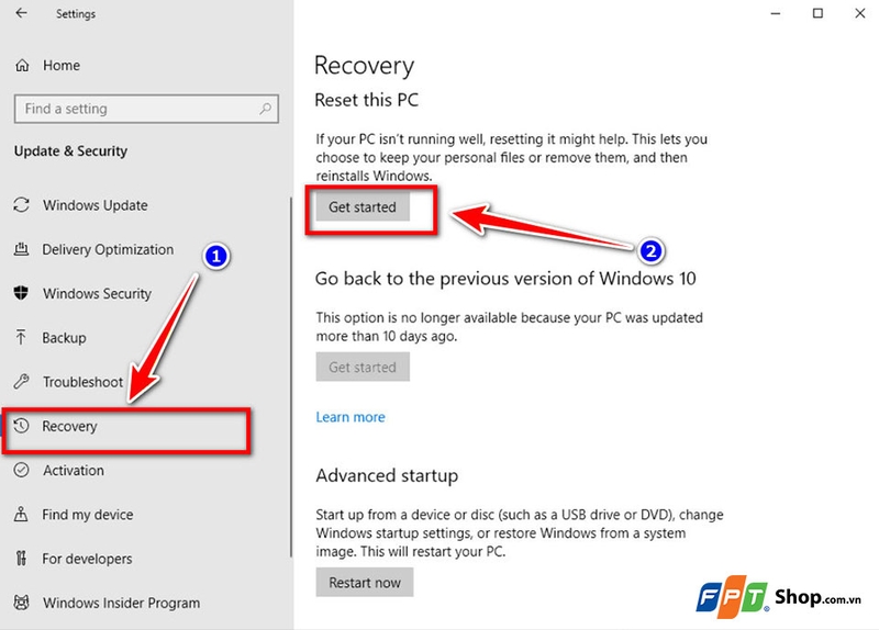 Tại mục Reset this PC, bạn hãy nhấn Get started