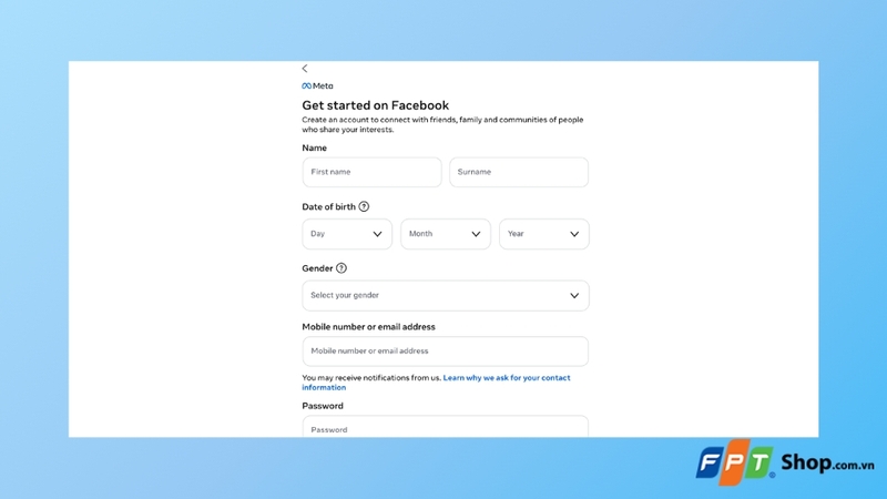 Đăng ký tài khoản Facebook bằng trình duyệt