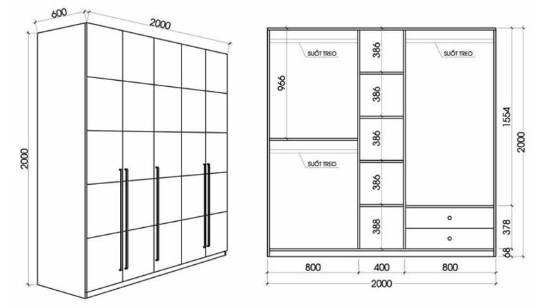 Kích thước tủ quần áo âm tường 5 cánh