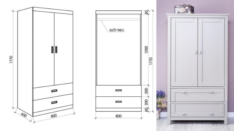 Kích thước tủ quần áo 2 cánh