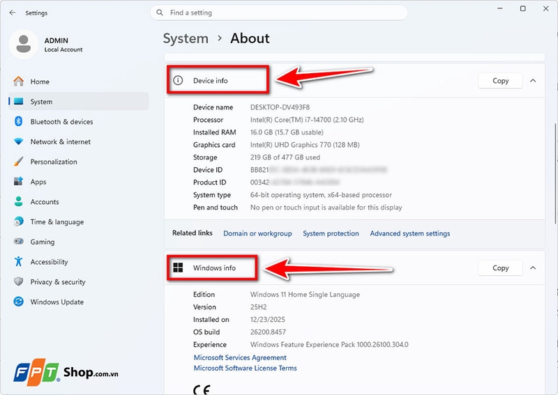 Bạn xem phần Device info&nbsp;và Windows specifications