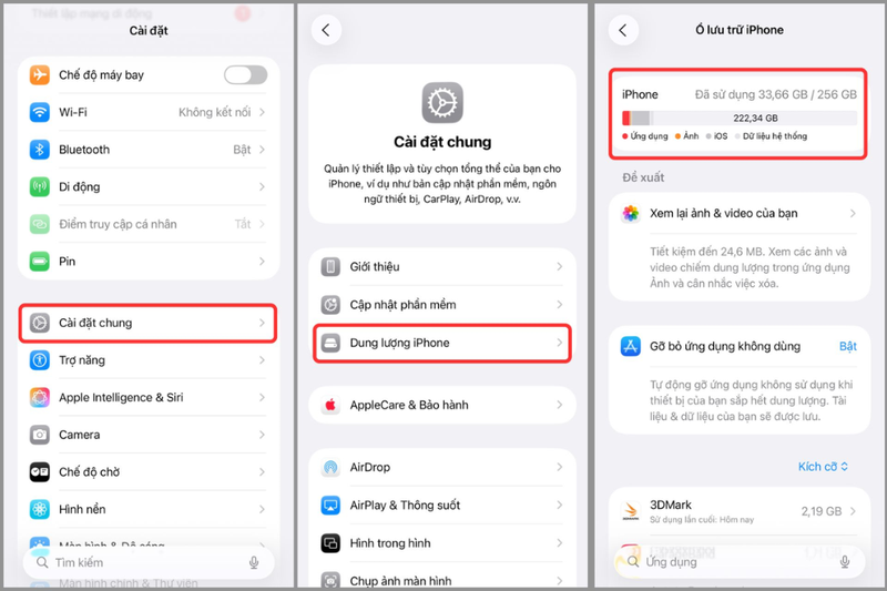 kiểm tra dung lượng bộ nhớ trên iPhone