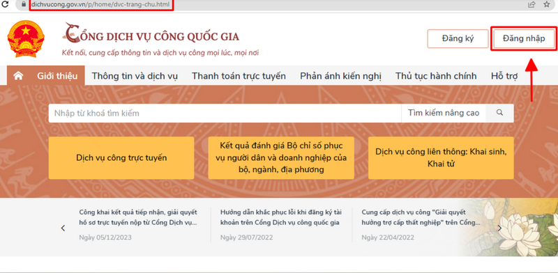 Truy cập vào trang web chính thức của Cổng Dịch Vụ Công Quốc Gia