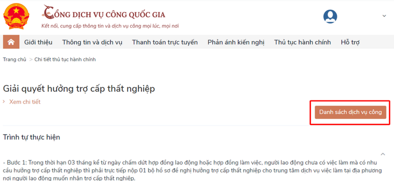 Bạn cần chọn "Danh sách dịch vụ công"