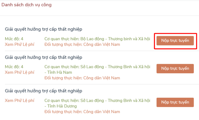 Chọn Danh sách dịch vụ công và nộp trực tuyến