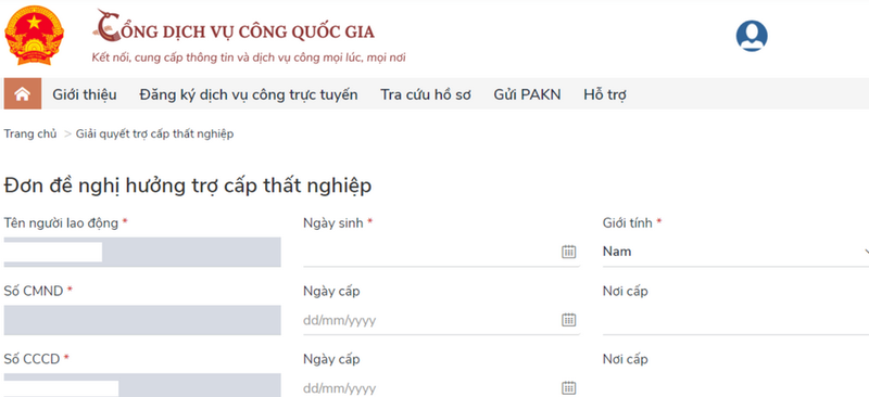 Nhập thông tin đơn đề nghị trợ cấp thất nghiệp