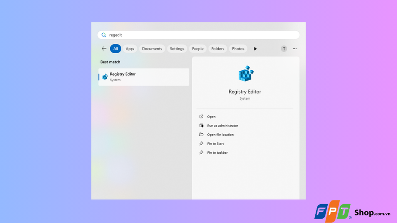 Nhập regedit vào thanh tìm kiếm