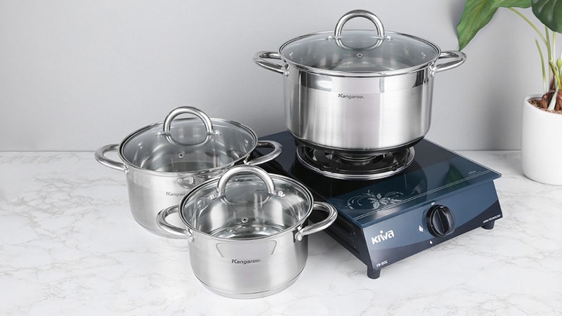 Bộ 3 nồi inox nắp kính đáy từ Kangaroo KG876