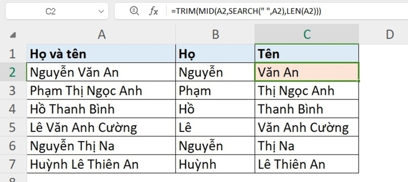 Cách tách bỏ phần họ trong họ và tên