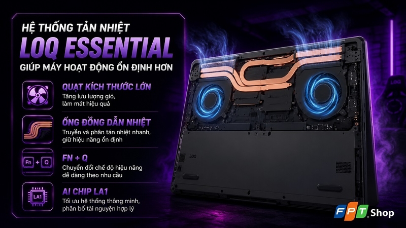 Hệ thống tản nhiệt LOQ Essential giúp máy hoạt động ổn định hơn