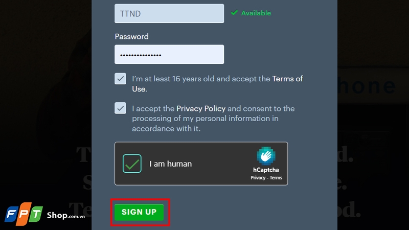 Tích đồng ý các điều khoản và nhấn “Sign up”