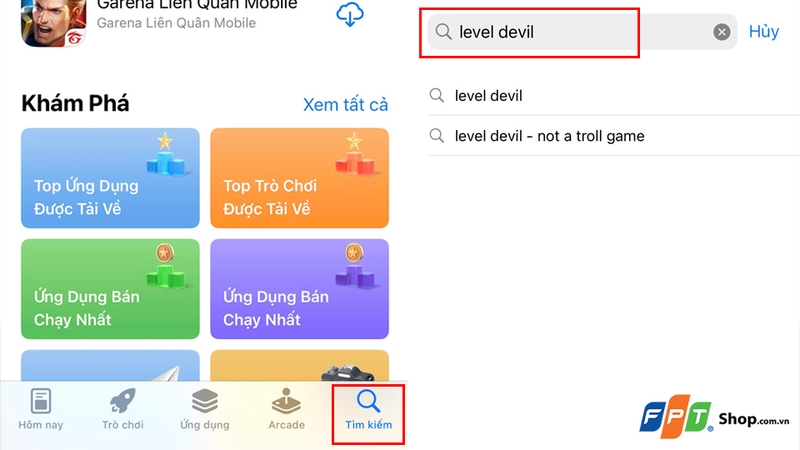 Nhập từ khóa "Level Devil" vào thanh tìm kiếm