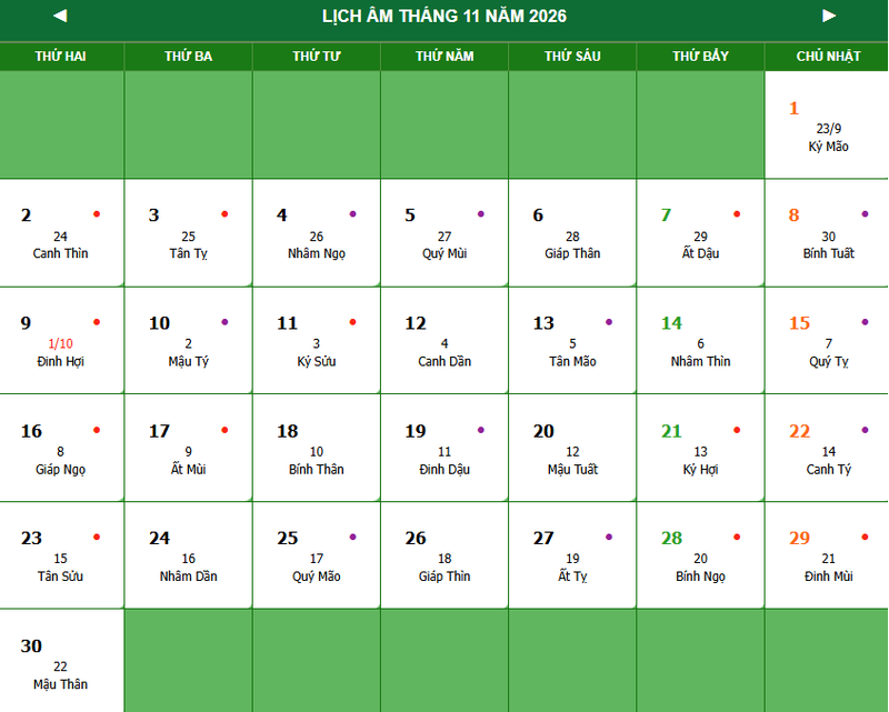 Tra cứu lịch âm tháng 11/2026 2